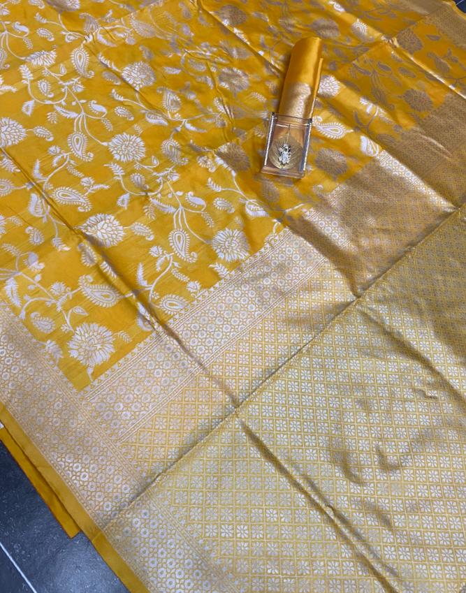 Ddf Yellow Flower Lichi Silk Banarasi Saree Catalogue